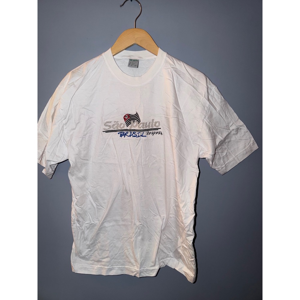 Sao Paulo Brasil Graphic T Shirt White‎ Short Sleeve Embroidered Logo Size G